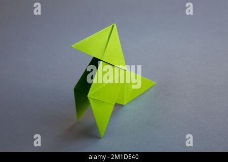 L'origami en papier vert est isolé sur un fond gris vierge. Cocotte en papier Banque D'Images