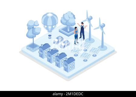 Centre moderne de la ville verte avec maisons privées, panneaux d'énergie solaire, moulins à vent et voitures électriques. ECO Town alimenté par énergie renouvelable. Concept d'écologie, Illustration de Vecteur