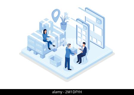 Modèle de bannière Web du service de livraison en ligne. Messagerie dans un masque médical et des gants se tenant près de la porte et tenant la boîte à colis. Deli de quarantaine sans contact Illustration de Vecteur