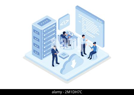 Personnes personnages travaillant ensemble et en développant des logiciels. L'équipe de développeurs programmant et écrivant le code de programme sur l'ordinateur portable. Le processus de développement concision Illustration de Vecteur