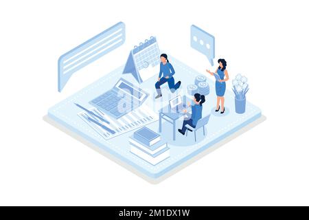 Conseiller financier assis au bureau avec des documents pour le calcul de l'impôt. Femme préparant un rapport d'impôt financier. Comptable au travail. Comptabilité C Illustration de Vecteur