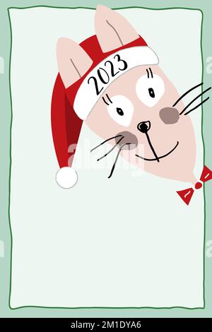 Une carte de vœux du nouvel an. Mignon lapin drôle dans un chapeau de père Noël rouge peeking dehors de autour du coin. 2023 est l'année du lapin. Illustration de Vecteur