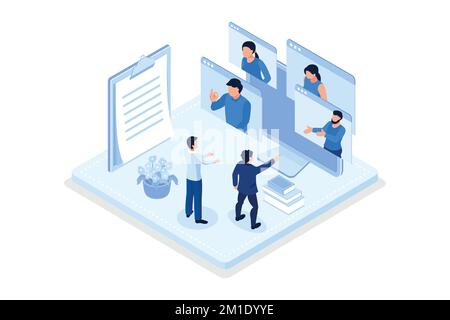 Les personnages travaillent à distance à la maison et utilisent un ordinateur portable pour les réunions vidéo avec leurs collègues. Concept de discussion en ligne et de visioconférence d'entreprise, i Illustration de Vecteur