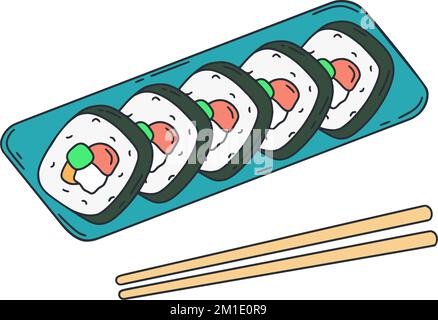 Rouleaux emballés dans des feuilles d'algues séchées. Rouleaux à vaisselle coréens avec riz et farce. Illustration du vecteur alimentaire asiatique Illustration de Vecteur