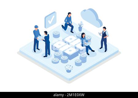 Personnes personnages debout près de la pile de pièces de monnaie d'or et le paquet de billets. Femme et homme tenant des pièces en dollars. Concept d'économie d'argent ou de remboursement, isometri Illustration de Vecteur