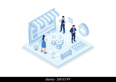 Concept de magasin de pharmacie avec des personnages. Peut être utilisé pour les bannières Web, les infographies, les images de héros, les illustrations vectorielles isométriques modernes Illustration de Vecteur