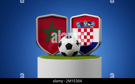 Le Maroc contre la Croatie drapeau du bouclier de football avec ballon de football sur un podium de gazon. 3D rendu Banque D'Images