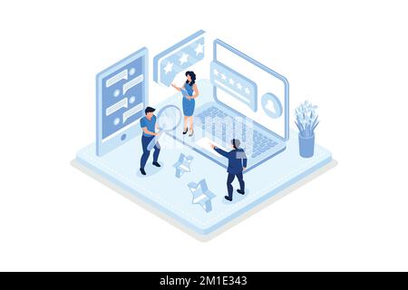 Personnages de personnes qui donnent un feedback cinq étoiles. Les clients qui choisissent le taux de satisfaction et laissent un avis positif. Service client et expérience utilisateur Co Illustration de Vecteur