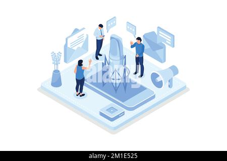 Concept de messages vocaux avec caractère et texte. Peut être utilisé pour les bannières Web, les infographies, les images de héros, les illustrations vectorielles isométriques modernes Illustration de Vecteur