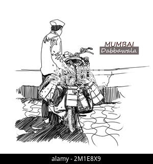 Service Dabbawala à Mumbai. Dabbawala avec l'illustration du cycle, le célèbre Dabbawala déjeuner service à la gare de Churchgate; Mumbai, l'art indien Banque D'Images