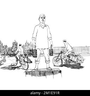 Service Dabbawala à Mumbai. Dabbawala avec l'illustration du cycle, le célèbre Dabbawala déjeuner service à la gare de Churchgate; Mumbai, l'art indien Banque D'Images