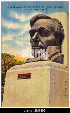 Tête de Lincoln à l'entrée du tombeau, Gutzon Borglum, sculpteur, Springfield, Illinois. , Monuments et monuments commémoratifs, Collection des frères Tichnor, cartes postales des États-Unis Banque D'Images