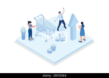 Jeu d'illustrations de gonflage. Les personnages achetant de la nourriture dans un supermarché et s'inquiètent de la hausse des prix des produits d'épicerie. Croissance de l'indice des prix à la consommation et financier Illustration de Vecteur