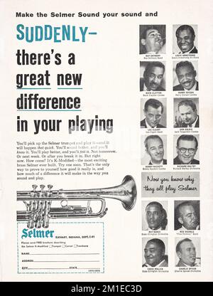 Une annonce d'un magazine de musique de 1960 présentant un groupe diversifié de joueurs de trompettes de jazz qui endossent les trompettes de Selme et le son de Selmer. Banque D'Images