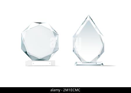 Maquette d'attribution de forme ronde et de flèche de verre vierge, isolée, rendu 3D. Trophée acrylique vide pour le modèle gagnant, vue avant. Effacer transpa Banque D'Images