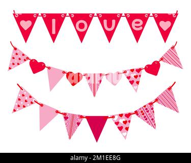 Un ensemble de drapeaux de fête sur une corde de différents types dans un style plat. Guirlande avec drapeaux. Un joli motif pour la Saint-Valentin, l'anniversaire ou le carnaval Illustration de Vecteur