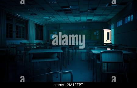 intérieur d'une salle de classe la nuit, atmosphère effrayante. 3d rendu Banque D'Images