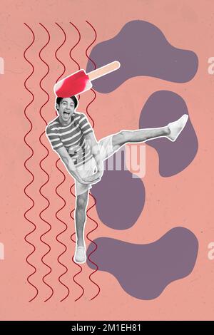 Montage photo vertical créatif de fou drôle positif noir blanc gars dansant glace sur la tête isolée sur fond rose couleur Banque D'Images