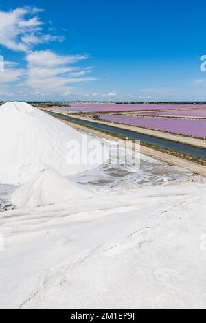 Remparts d'Aigues-mortes devant les marais salants de couleur rose depuis une montagne de sel Banque D'Images