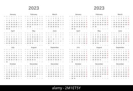 Calendrier noir et blanc simple pour 2023. La semaine commence le lundi. Dimanche en rouge. 2023 modèle de calendrier Illustration de Vecteur