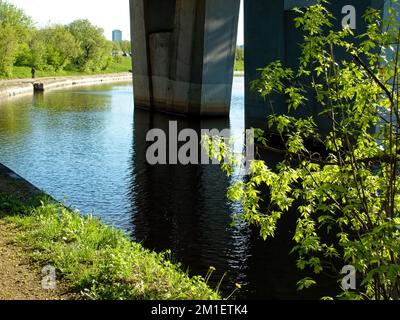 supports du pont automobile au-dessus de la rivière, en été Banque D'Images