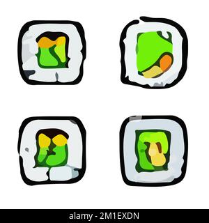 Vector Sushi and Rolls, gunkan, temaki et inari, ikura. Différents types de sushis isolés sur fond blanc Illustration de Vecteur