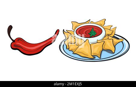 Plat traditionnel mexicain Vector Nachos dessiné dans un style de dessin animé plat avec une sauce Chili. Illustration de Vecteur