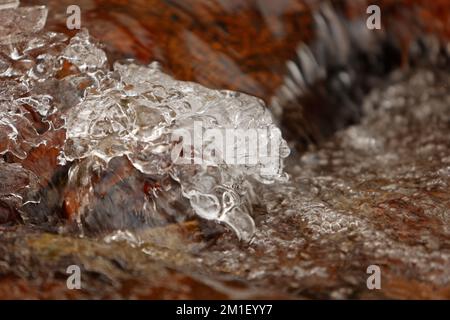 Ilsenburg, Allemagne. 12th décembre 2022. Des glaces se forment sur le cours de l'Ilse, dans la vallée de l'Ilse, au-dessous du Brocken. Les nuits glaciales avec des températures autour de moins 8 degrés Celsius donc appelé pour une mince couche de glace sur certains secteurs de la rivière. Dans les jours à venir, le temps gelé reste. Credit: Matthias Bein/dpa/Alay Live News Banque D'Images