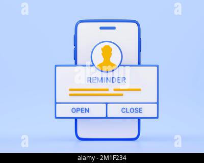 Illustration du rendu de rappel 3D - page de notification avec boutons sur le téléphone mobile sur fond bleu. Banque D'Images