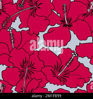 Motif sans couture dessiné à la main de fleurs d'hibiscus rouges, viva magenta couleurs 2023 tendance. Imprimé Hawaï tropical fleuri sur fond gris, motif jardin jungle été, fleurs de l'île Banque D'Images