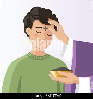 Jeune homme recevant la cendre du prêtre lors de la célébration du mercredi de la cendre. Illustration vectorielle Illustration de Vecteur