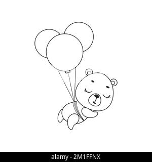 Page de coloriage joli petit ours volant sur des ballons. Livre de coloriage pour enfants. Activité éducative pour les enfants d'âge préscolaire et les tout-petits avec un animal mignon Illustration de Vecteur