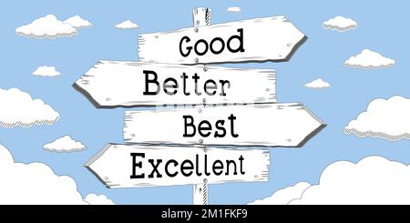Bon, meilleur, meilleur, excellent - contour signpost avec quatre flèches Banque D'Images