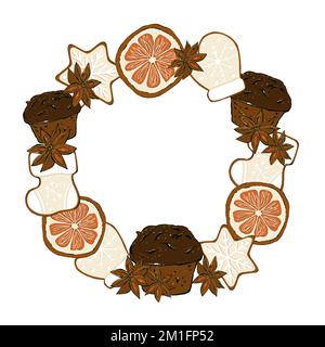 Couronne de Noël avec biscuits, cupcake, bâtons de cannelle, orange, étoile anis. Conception de l'emballage. Banque D'Images