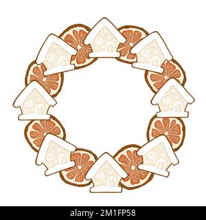 Couronne de Noël avec biscuits, cupcake, bâtons de cannelle, orange, étoile anis. Conception de l'emballage. Banque D'Images