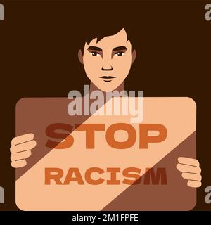 Un homme asiatique proteste contre le racisme. Guy avec l'affiche de lutte contre le racisme. Harcèlement fondé sur la couleur de la peau ou l'attitude à l'égard du concept de propagation du virus covid. Illustration vectorielle. Illustration de Vecteur