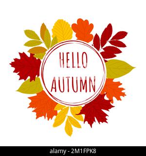Hello Autumn circle frame. Bordure de feuilles d'automne de différentes couleurs dessinées à la main. Feuilles de chêne d'érable orange jaune rouge vert. Illustration vectorielle. Illustration de Vecteur