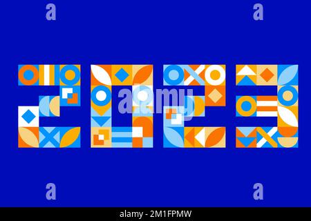 script pixel de 2023 ans. Affiche du nouvel an avec des chiffres stylisés de formes simples géométriques de bauhaus. Typographie pour la décoration, les arrière-plans, la bannière, la couverture, le modèle de carte. Illustration vectorielle Illustration de Vecteur
