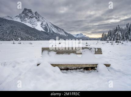 Vue d'hiver d'un banc de parc au lac Emerald dans le parc national Yoho, Colombie-Britannique, Canada Banque D'Images