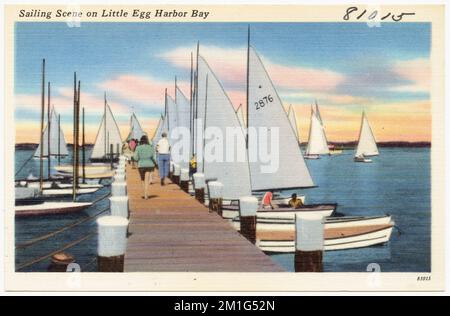 Scène de voile sur Little Egg Harbor Bay, Piers & Wharves, bateaux, Tichnor Brothers Collection, cartes postales des États-Unis Banque D'Images