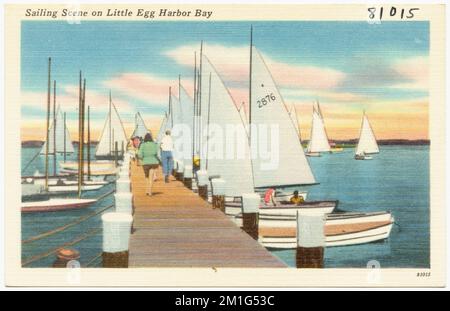 Scène de voile sur la baie de Little Egg Harbor, bateaux, piers et quais, Collection Tichnor Brothers, cartes postales des États-Unis Banque D'Images