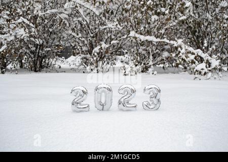 Numéros d'argent du nouvel an 2023 en hiver dans la neige sur fond d'arbres et de buissons enneigés avec espace de copie. Banque D'Images