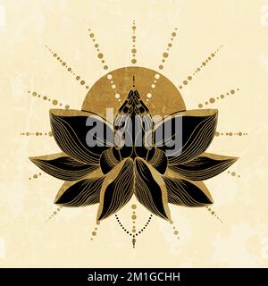Illustration raster de l'accueil indien Namaste. Les mains peintes des femmes dans une posture de culte, salutations sur le fond des pétales de lotus Banque D'Images
