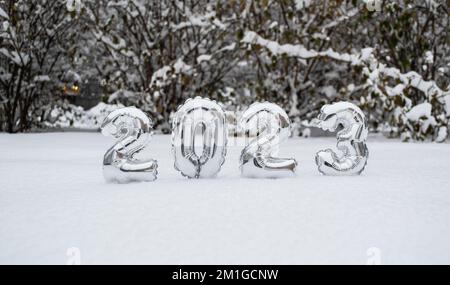 Numéros d'argent du nouvel an 2023 en hiver dans la neige sur fond d'arbres et de buissons enneigés avec espace de copie. Banque D'Images