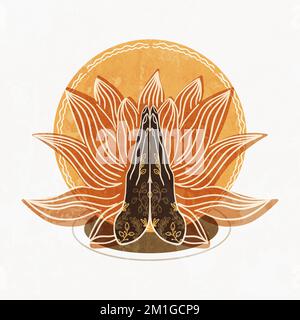 Illustration raster de l'accueil indien Namaste. Les mains peintes des femmes dans une posture de culte, salutations sur le fond des pétales de lotus Banque D'Images