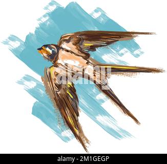 Une hirondelle volante dans un style peint en acrylique avec un point bleu sur l'arrière-plan. Symbole de liberté. Monde animal, oiseaux, vol. Vecteur moderne Illustration de Vecteur