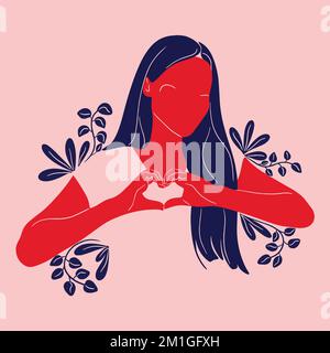 Femme avec les mains sous forme de coeur. Illustration vectorielle plate. Faire signe d'amour par les mains. Silhouette féminine Illustration de Vecteur