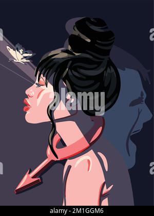 Une femme qui a été maltraitée ou victime de discrimination dans son pays regarde, espérons-le, une lueur de lumière. Signe masculin de Mars sur le cou. Un homme hurlant dans le Illustration de Vecteur