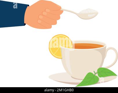 Sucre dans le thé et cuillère avec le sucre. thé sucré. Délicieuse boisson chaude. Illustration vectorielle plate. Eps10 Illustration de Vecteur