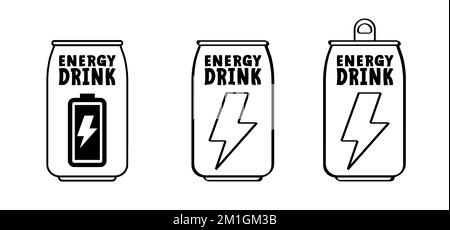 Dessin de boîtes de boissons énergisantes. boîte à boissons électriques. Boisson énergétique dans une boîte de tirage. Sport, concept d'équilibre de forme physique. Bouteille vide ou pleine. icône de batterie Banque D'Images